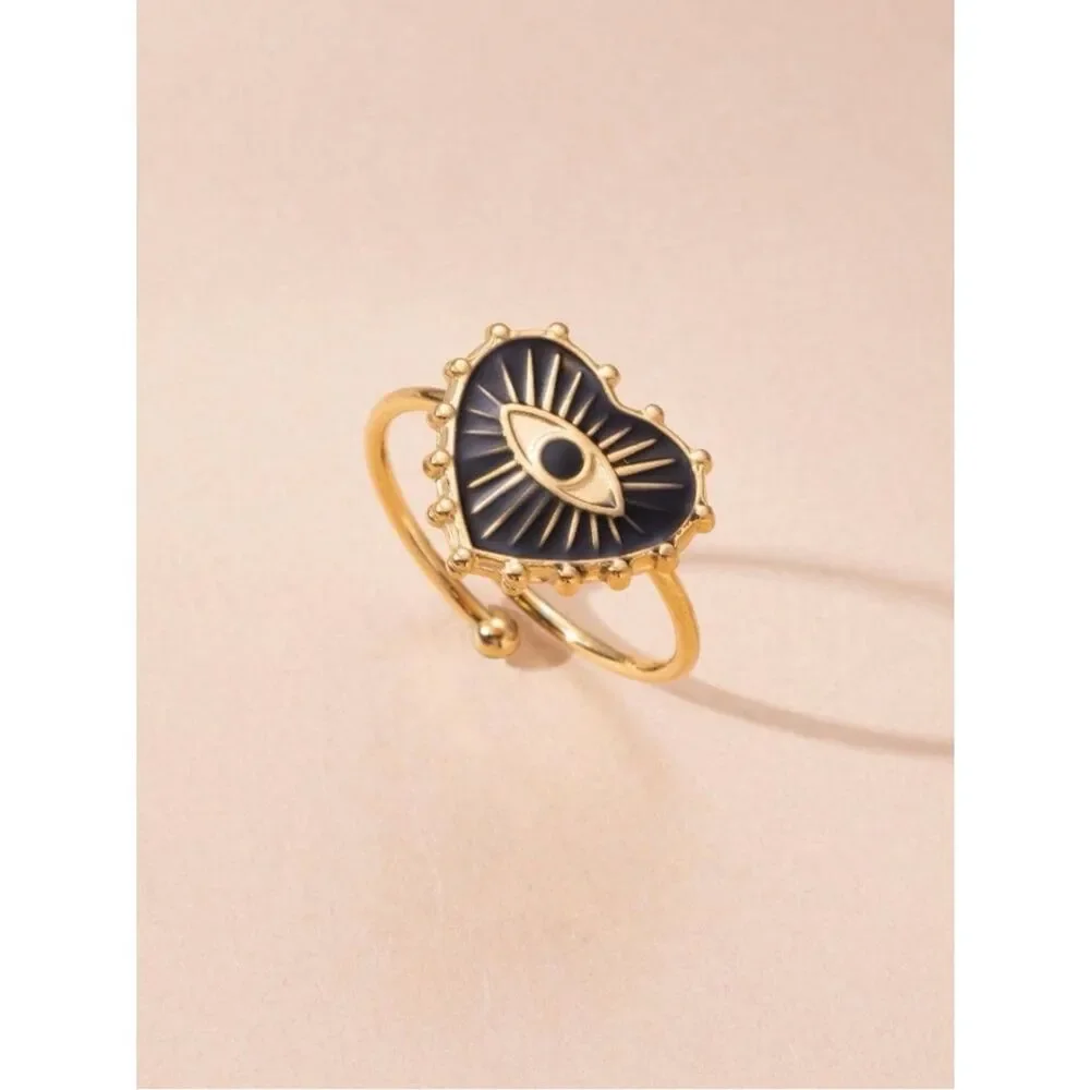 Gold Eye Heart Ring with Black Enamel A2012